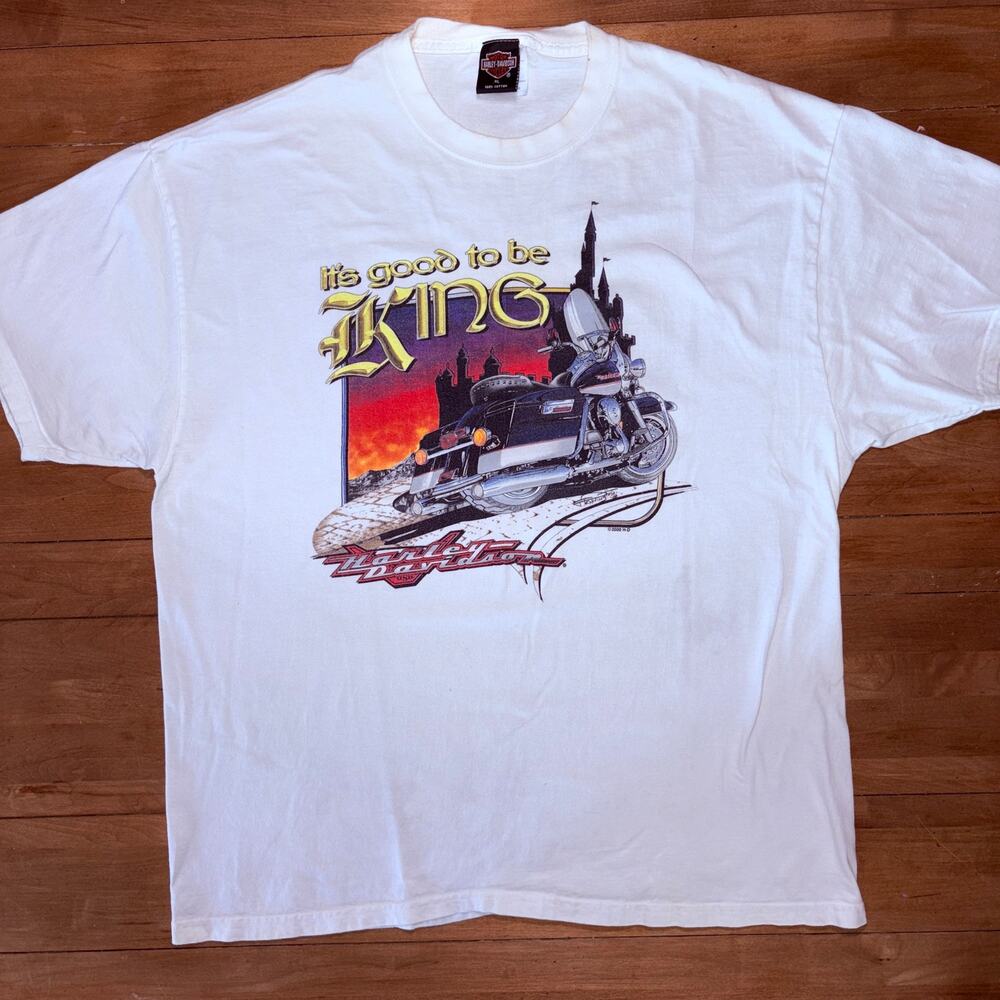 Vintage 2000 Harley Davidson Its Good To Be King T Shirt White Y2K Flame XL USA